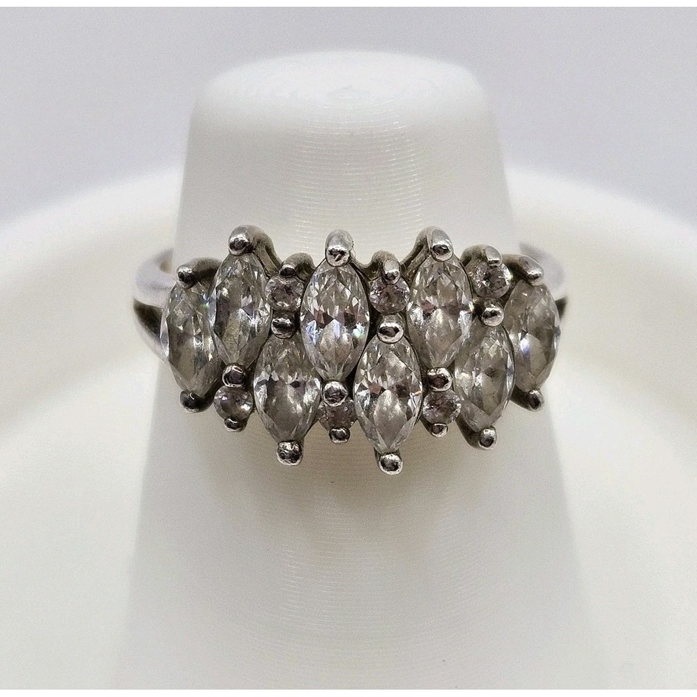 DQCZ Diamonique 925 Sterling Silver Cocktail Ring CZ Marquise Cut Prong Cluster